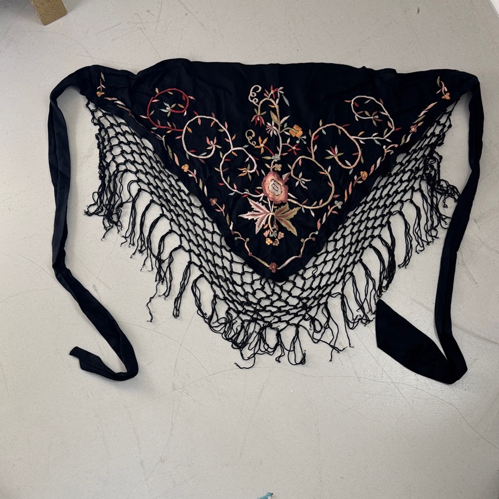 Embroidered Black Fringe Shawl